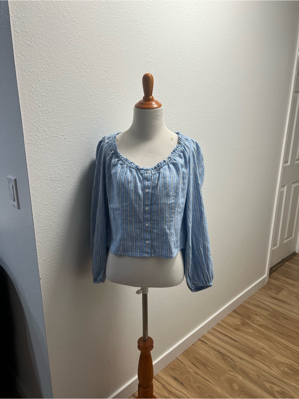 Blue Striped Button-Front Peasant Blouse